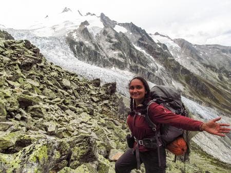 Hima Hassenruck-Gudipati (BS '14) on a backpacking trip along the Tour de Mont Blanc, one of the most popular long distance walks in Europe.