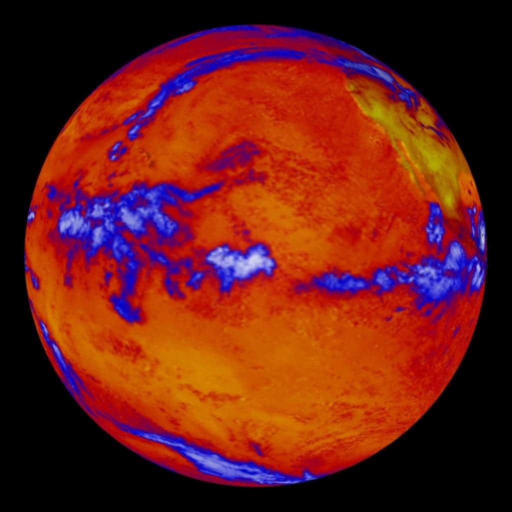 e. This image shows heat radiating from the Pacific Ocean as imaged by the NASA’s Clouds and the Earth's Radiant Energy System instrument on the Terra satellite. (Blue regions indicate thick cloud cover.)