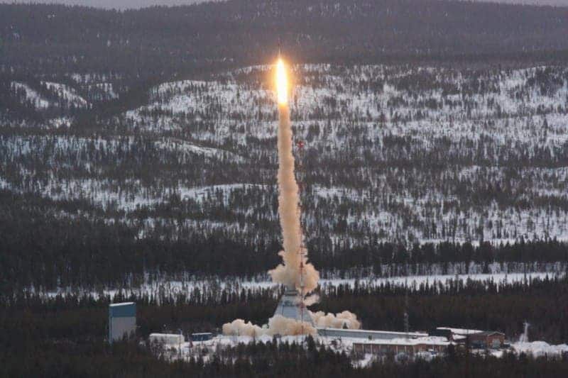 The rocket TEXUS-49 launching off the Esrange Space Center in Kiruna, North Sweden. Photo: Adrian Mettauer