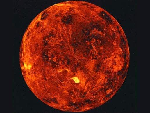 The North Pole of Venus - The Magellan probe that orbited Venus from 1990 to 1994 was able to peer through the thick Venusian clouds and build up the above image by emitting and re-detecting cloud-penetrating radar. Visible as the bright patch below central North is Venus' highest mountain Maxwell Montes. Other notable features include numerous mountains, coronas, impact craters, tessera, ridges, and lava flows. Although the size and mass of Venus are similar to the Earth, its thick carbon-dioxide atmosphere has trapped heat so efficiently that surface temperature usually exceeds 700 kelvins, hot enough to melt lead. Credit: SSV, MIPL, Magellan Team, NASA