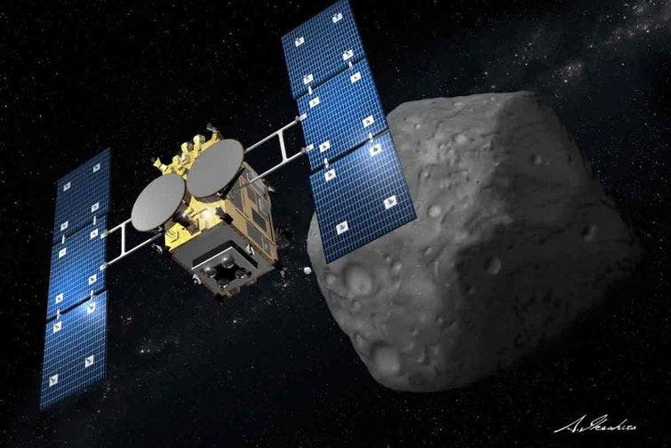 A rendering of Hayabusa-2 approaching an asteroid.	Image via JAXA.