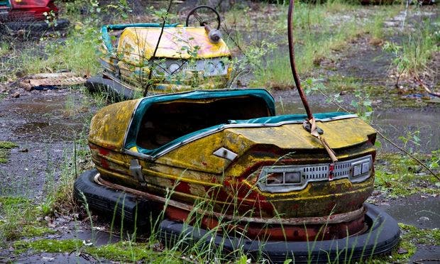 Dodgem cars at the abandoned Pripyat amusement park near Chernobyl. Photograph: Timothy Swope/Alamy