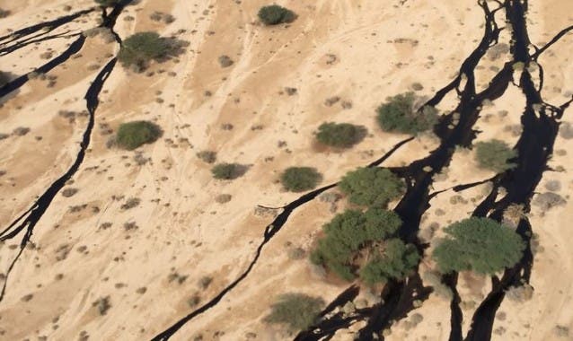 The Evrona Nature Reserve crisscrossed by a black river of hydrocarbon oil, as seen in this aerial taken by the Israel's Environmental Protection Ministry.
