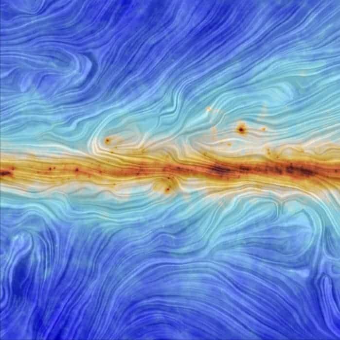 While the pastel tones and fine texture of this image may bring to mind brush strokes on an artist’s canvas, they are in fact a visualisation of data from ESA’s Planck satellite. The image portrays the interaction between interstellar dust in the Milky Way and the structure of our Galaxy’s magnetic field. In this image, the colour scale represents the total intensity of dust emission, revealing the structure of interstellar clouds in the Milky Way. The texture is based on measurements of the direction of the polarised light emitted by the dust, which in turn indicates the orientation of the magnetic field.

This image shows the intricate link between the magnetic field and the structure of the interstellar medium along the plane of the Milky Way. Image Credits: ESA/Planck Collaboration. Acknowledgment: M.-A. Miville-Deschênes, CNRS – Institut d’Astrophysique Spatiale, Université Paris-XI, Orsay, France.
