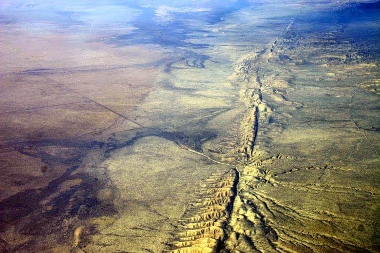 Aerial photo of the San Andreas Fault in the Carrizo Plain, northwest of Los Angeles.