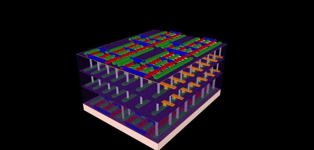 This illustration represents the four-layer prototype high-rise chip built by Stanford engineers. The bottom and top layers are logic transistors. Sandwiched between them are two layers of memory. The vertical tubes are nanoscale electronic 
