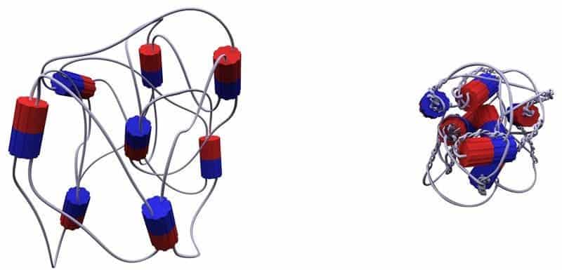Schematic representation of a polymer gel whose chains are cross-linked using rotating molecular motors (the red and blue parts of the motor can turn relative to each other when provided with energy). Right: When exposed to light, the motors start to rotate, twisting the polymer chains and contracting the gel by as much as 80% of its initial volume: in this way, part of the light energy is stored as mechanical energy. © Gad Fuks / Nicolas Giuseppone / Mathieu Lejeune