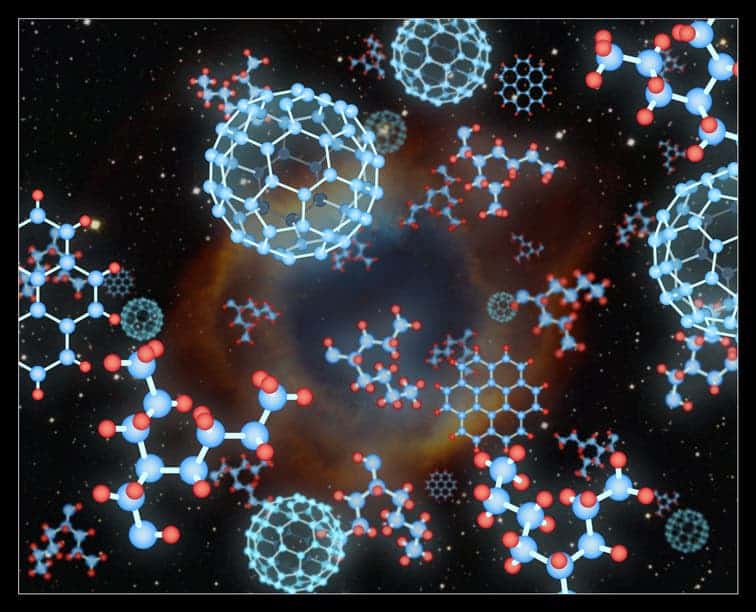 Some of the forms of carbon compounds are depicted against a depiction of a planetary nebula. Each pattern of carbon atoms has its own properties and its own infrared signature. Like diamonds, buckyballs are extremely strong and durable. The planar graphite structure, for example, is weak, and will crumble easily, enabling pencils to work. Credit: Pete Marenfeld (NOAO)