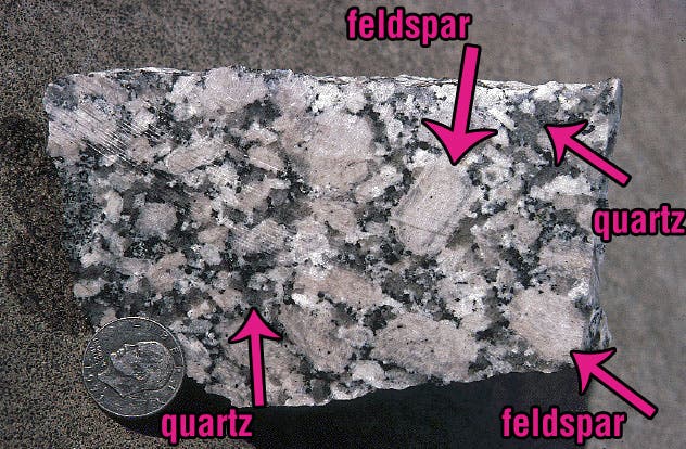 Note the white, almost rectangular feldspar crystals, the grey virtually shapeless quartz crystals, and the black crystals, which can be either black mica or amphibole. Image modified from Eastern Illinois University.