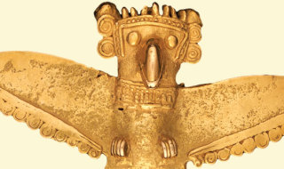 A striking artifact discovered in Panama, dated 700-1000 CE. "Winged Pendant, Gran Coclé," credit: Gilcrease Museum