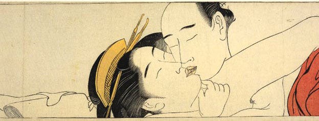 n early modern Japan, thousands of sexually explicit paintings, prints, and illustrated books with texts were produced, euphemistically called ‘spring pictures’ (shunga). Official life in this period was governed by strict Confucian laws, but private life was less controlled in practice. Image: Sode no maki (Handscroll for the Sleeve), print artist Torii Kiyonaga, about 1785 (detail).