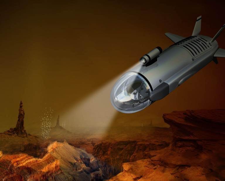 Artist rendering of a possible submersible bot exploring one the floor of one of Titan’s methane lakes. Image: NASA JPL