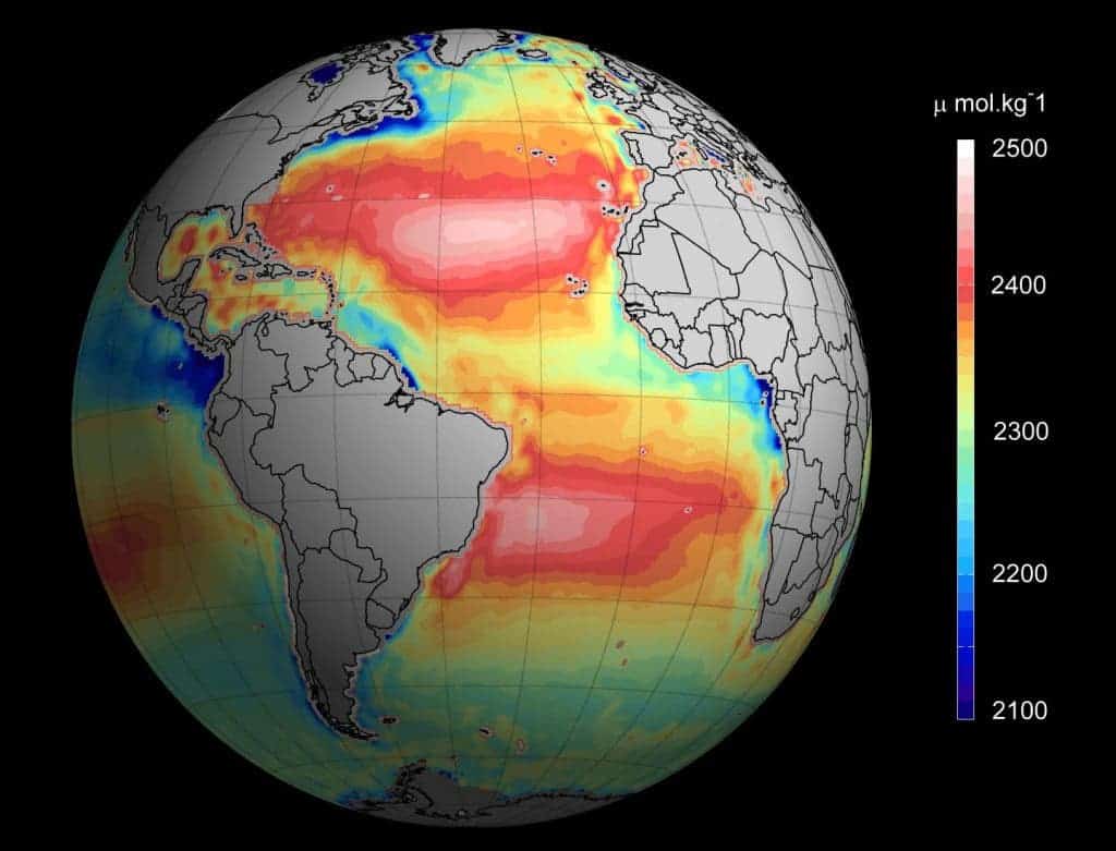 A global look at ocean pH reveals that the water is more alkaline (basic) in the open ocean than in many coastal regions. The more alkaline the water is, the better poised it is to resist ocean acidification.
Credit: Ifremer/ESA/CNES