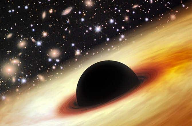This is an artist's impression of a quasar with a supermassive black hole in the distant universe. Credit: Zhaoyu Li/NASA/JPL-Caltech/Misti Mountain Observatory 