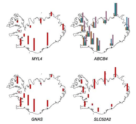 Maps show how common certain risk-causing DNA mutations are around Iceland. Image via Technology Review.