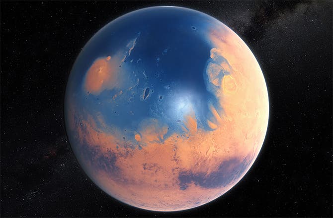 This artist’s impression shows how Mars may have looked about four billion years ago. The young planet Mars would have had enough water to cover its entire surface in a liquid layer about 140 meters deep, but it is more likely that the liquid would have pooled to form an ocean occupying almost half of Mars’s northern hemisphere.