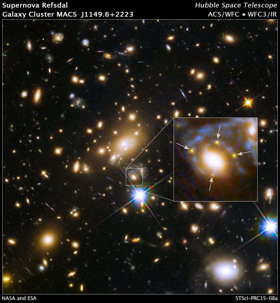 The powerful gravity of a galaxy embedded in a massive cluster of galaxies in this Hubble Space Telescope image is producing multiple images of a single distant supernova far behind it. Both the galaxy and the galaxy cluster are acting like a giant cosmic lens, bending and magnifying light from the supernova behind them, an effect called gravitational lensing. Image via NASA.