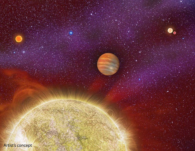 This artist's conception shows the 30 Ari system, which includes four stars and a planet.
Image Credit: Karen Teramura, UH IfA