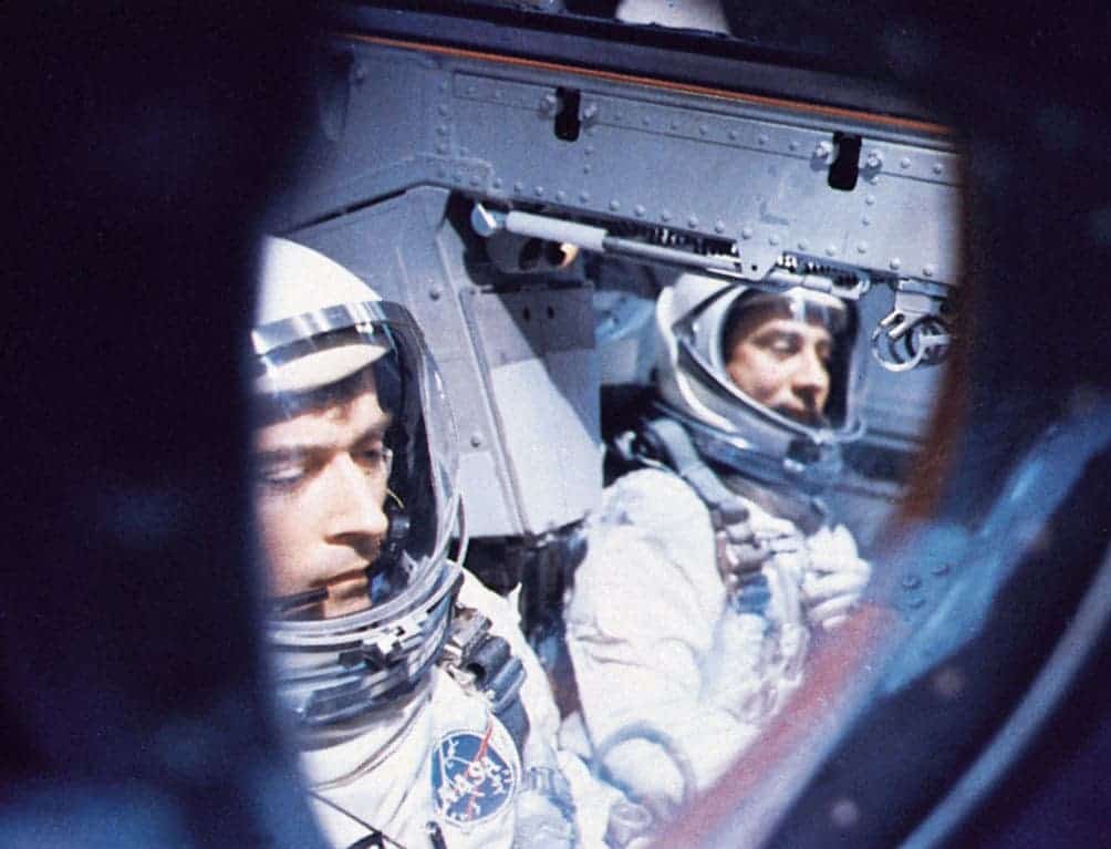 Young (left) and Grissom (right) abord Gemini.  Image: NASA