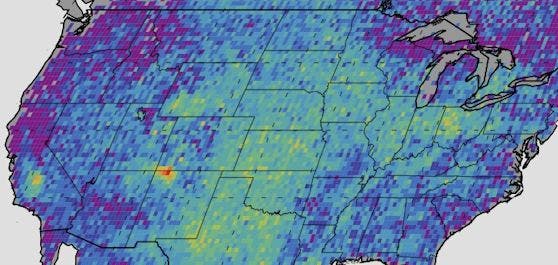 The Four Corners area (red) is the major U.S. hot spot for methane emissions in this map showing how much emissions varied from average background concentrations from 2003-2009 (dark colors are lower than average; lighter colors are higher). Image Credit: NASA/JPL-Caltech/University of Michigan