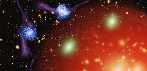 Artist’s impression of one of the possible galaxy strangulation mechanisms: star-forming galaxies (fed by gas inflows) are accreted into a massive hot halo, which ‘strangles’ them and leads to their death.  Image: Cambridge University