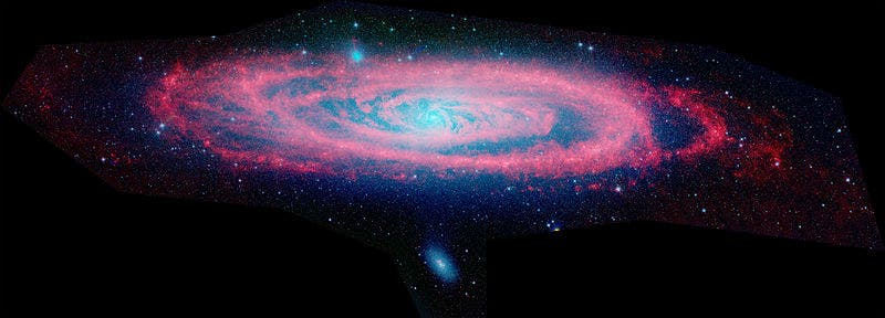 The Andromeda Galaxy seen in infrared by the Spitzer Space Telescope, one of NASA's four Great Space Observatories. Image via Wikipedia.