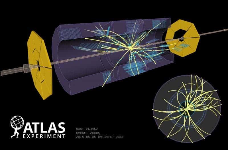 Proton beams collide for a total energy of 900 GeV in the ATLAS detector on the LHC (Image: ATLAS/CERN)