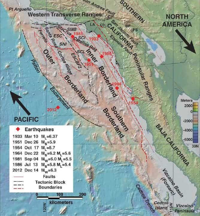 This map shows the California Borderland and its major tectonic features, as well as the locations of earthquakes greater than Magnitude 5.5. The dashed box shows the area of the new study. Large arrows show relative plate motion for the Pacific-North America fault boundary.  Mark Legg