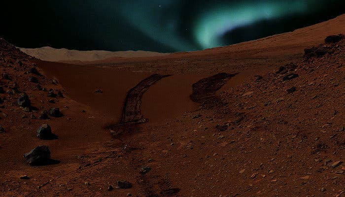 This is an artist interpretation of what aurorae may look like close to magnetic anomalies on Mars. Credits: NASA/JPL-Caltech/MSSS and CSW/DB