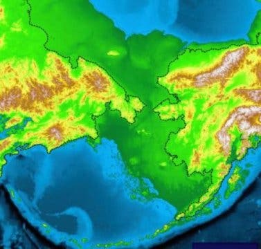 This map shows the outlines of modern Siberia (left) and Alaska (right) with dashed lines. The broader area in darker green (now covered by ocean) represents the Bering land bridge near the end of the last glacial maximum, a period that lasted from 28,000 to 18,000 years ago when sea levels were low and ice sheets extended south into what is now the northern part of the lower 48 states. University of Utah anthropologist Dennis O'Rourke argues in the Feb. 28 issue of the journal Science that the ancestors of Native Americans migrated from Asia onto the Bering land bridge or 
