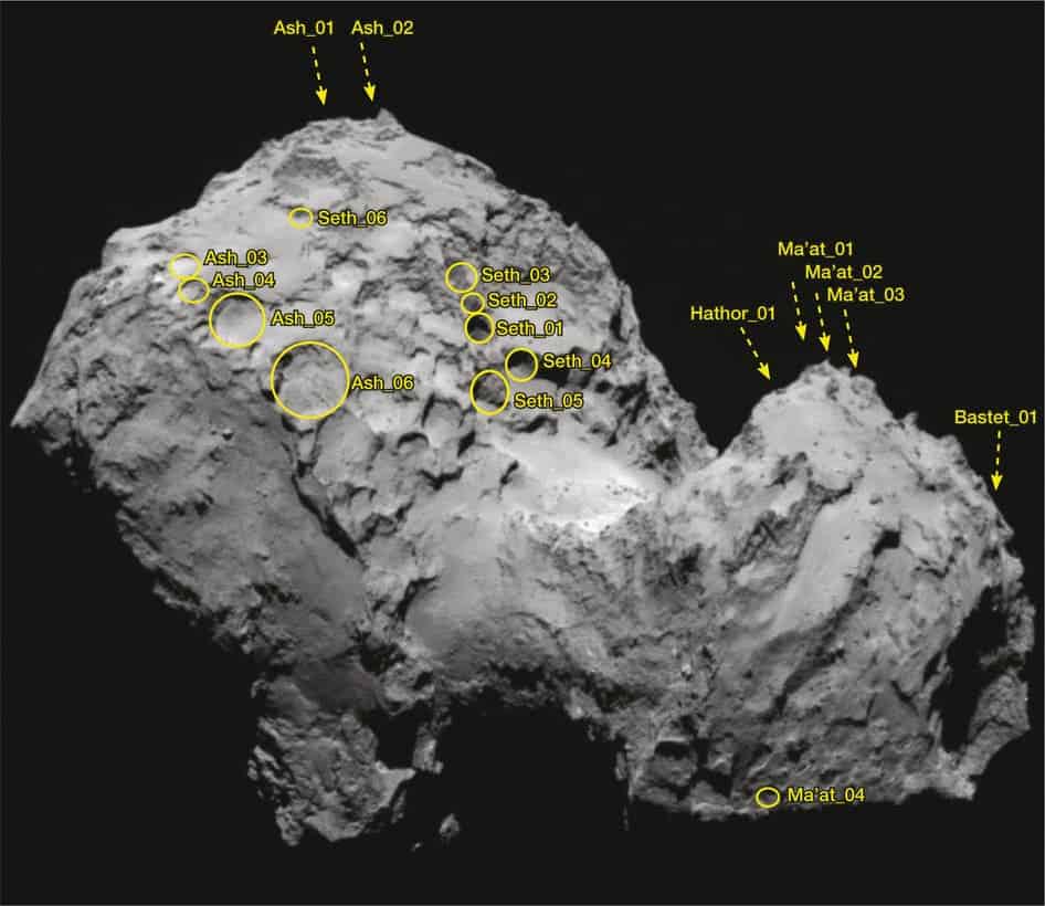 A catalogue of sinkholes spotted by Rosetta on comet 67P/Churyumov-Gerasimenko.
Image via: forbes.com