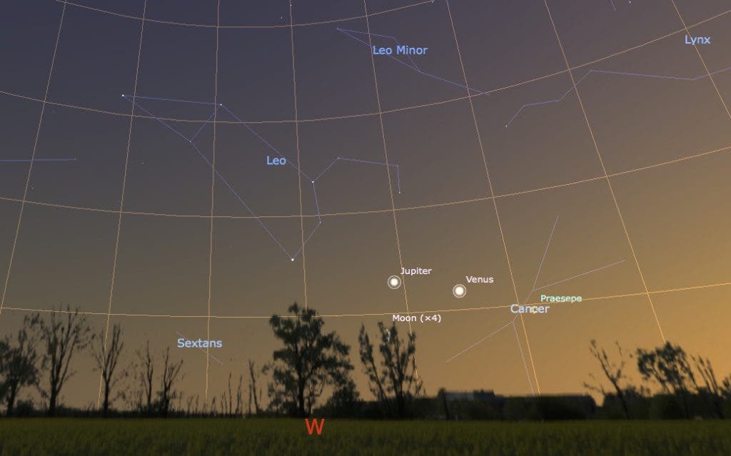 View of Jupiter and Venus in the evening sky after sunset at around 11pm on 20 June 2015. On this night the crescent Moon lies just below Jupiter. To the right of Venus, using binoculars, may just be seen Praesepe, the famous 