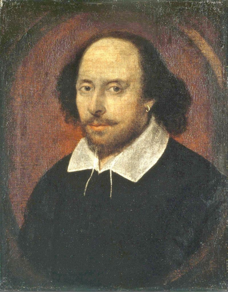 We think that this is how Shakespeare looked like, but we don't know for sure. This is the Chandos portrait, artist and authenticity unconfirmed. Located in National Portrait Gallery, London.