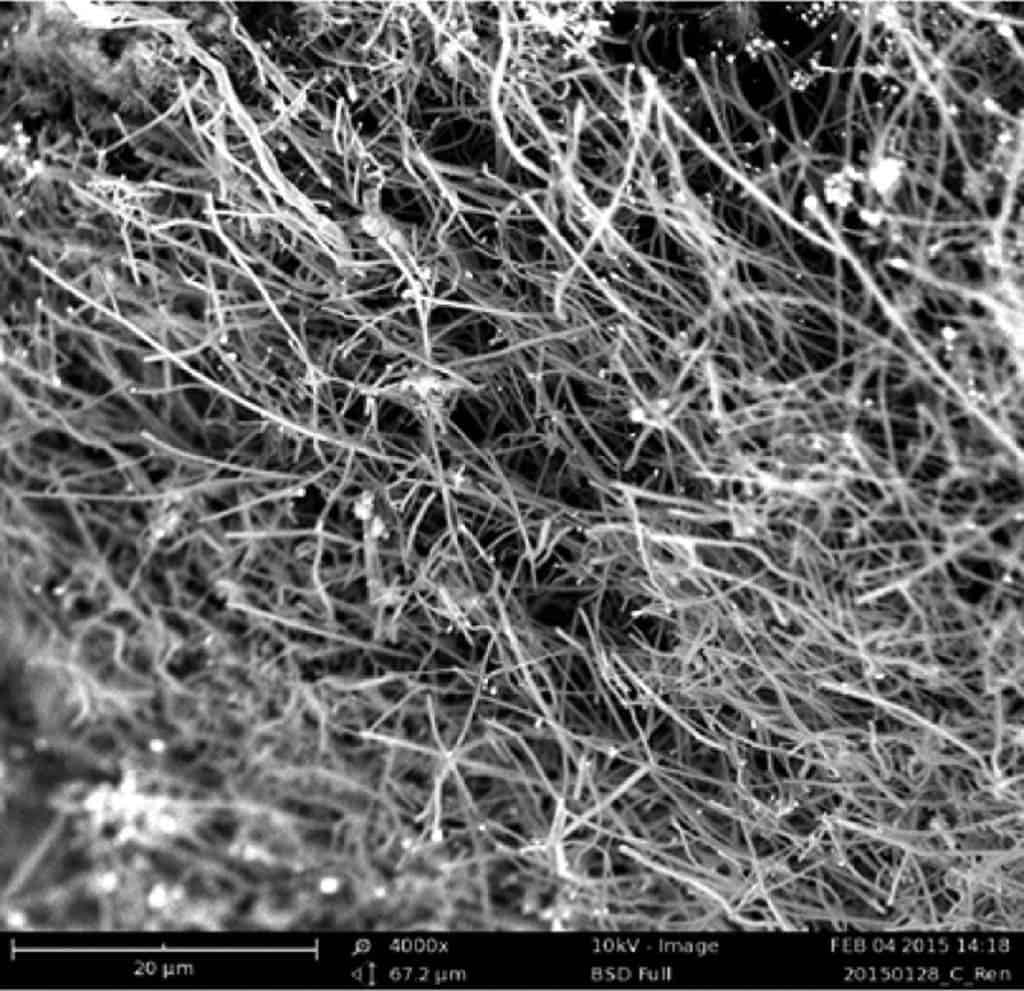 The carbon nanofibers (seen above) were generated using a solar-powered electrochemical reactor that uses CO2 as its starting material. Image: George Washington University