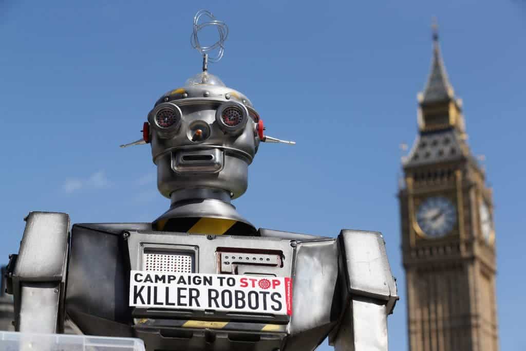 A photo from the 'Campaign to Stop Killer Robots' which called for a pre-emptive ban on lethal robot weapons in 2013. 
Image via observer.com