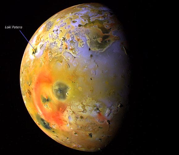 This global view of Io was obtained by NASA’s Galileo spacecraft on 19 September 1997 at a range of more than 500,000 km (310,000 miles). In this image, deposits of sulfur dioxide frost appear in white and grey hues while yellowish and brownish hues are probably due to other sulfurous materials. Bright red materials and ‘black’ spots with low brightness mark areas of recent volcanic activity and are usually associated with high temperatures and surface changes. Image credit: NASA / JPL / University of Arizona.