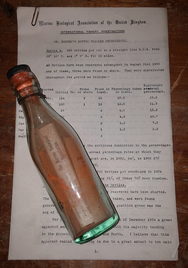 One of George Parker Bidder’s bottles used to elucidate ocean currents  Photo: MBA archive