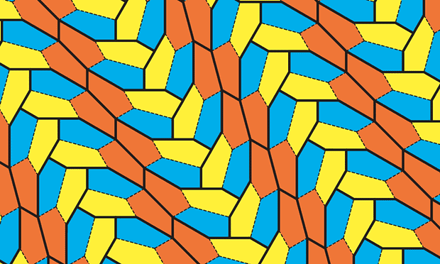 All these pentagons are identical. The coloring helps identify the three groups that arrange to form a tilled plane. Image: Casey Mann