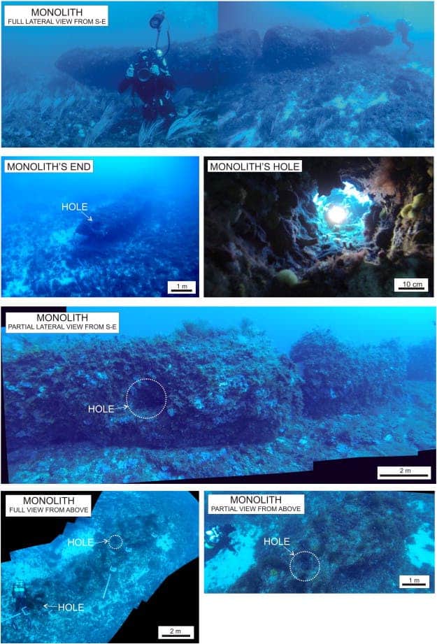 Underwater composite photographs taken from divers, showing the discovered monolith and some details.(Lodolo et al/Journal of Archaeological Science: Reports)