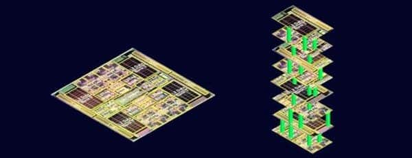 The image on the left depicts today’s single-story electronic circuit cards, where logic and memory chips exist as separate structures, connected by wires. Like city streets, those wires can get jammed with digital traffic going back and forth between logic and memory. On the right, Stanford engineers envision building layers of logic and memory to create skyscraper chips. Data would move up and down on nanoscale “elevators” to avoid traffic jams. Credit: Wong/Mitra Lab, Stanford