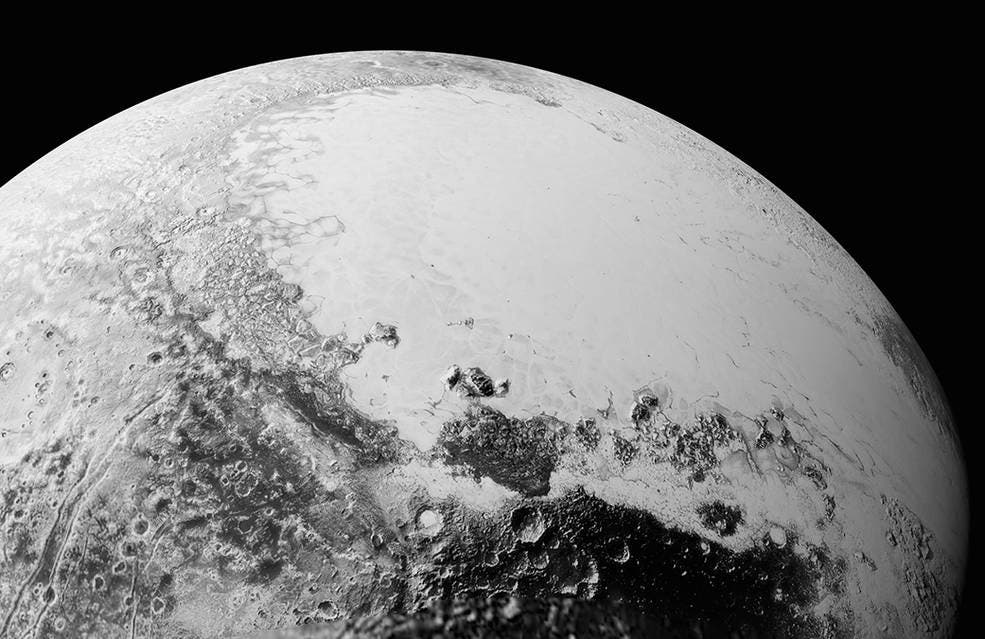 This synthetic perspective view of Pluto, based on the latest high-resolution images to be downlinked from NASA’s New Horizons spacecraft, shows what you would see if you were approximately 1,100 miles (1,800 kilometers) above Pluto’s equatorial area. Credits: NASA/Johns Hopkins University Applied Physics Laboratory/Southwest Research Institute