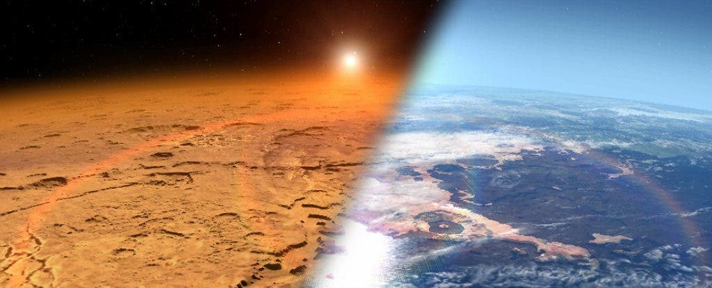Artist's reconstruction of Mars now, and at one point in the past. Image via NASA.