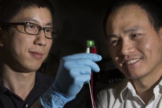 Hanwei Gao on left and Biwu Ma on right, looking at their new LED. ( Image Credit: Bruce Palmer/Florida State University)