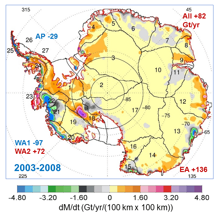 Map showing the rates of mass changes from ICESat 2003-2008 over Antarctica. Sums are for all of Antarctica: East Antarctica (EA, 2-17); interior West Antarctica (WA2, 1, 18, 19, and 23); coastal West Antarctica (WA1, 20-21); and the Antarctic Peninsula (24-27). A gigaton (Gt) corresponds to a billion metric tons, or 1.1 billion U.S. tons. Credits: Jay Zwally/ Journal of Glaciology