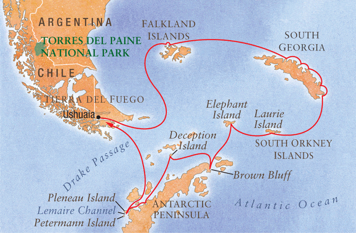 Map that shows Shackleton's route to South Georgia, his landing in King Haakon Bay, and his overland journey to the Stromness whaling station from which the Endurance had departed in 1914.
