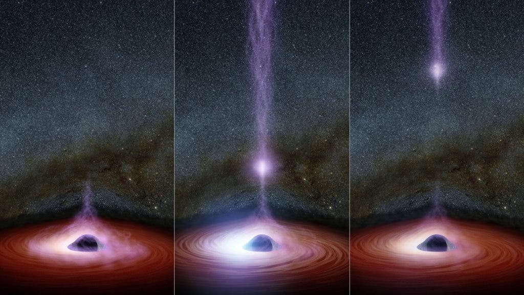 This diagram shows how a shifting feature, called a corona, can create a flare of X-rays around a black hole. Image credit: NASA/JPL-Caltech
