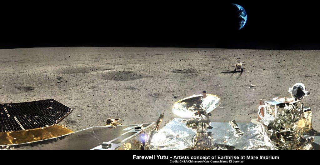 Farewell Yutu – artistic impression of Earthrise over Yutu at lunar landing site. This composite photomosaic combines farewell view of China’s Yutu rover with Moon’s surface terrain at Mare Imbrium landing site and enlarged photo of Earth – all images taken by Chang’e-3 lander. Credit: CNSA/Chinanews/Ken Kremer/Marco Di Lorenzo