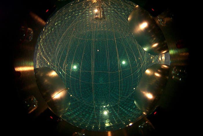 The Borexino detector comprises 300 tonnes of an organic liquid that is viewed by 2212 photomultipliers. 
Image via physicsworld
