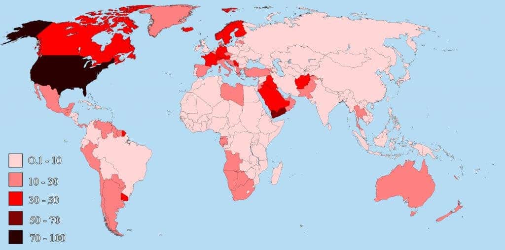 Map highlights gun ownership around the world. In the U.S. there are 88.8 guns per 100 people. The only other country that marginally comes close is Yemen with 54.8 guns per 100 people. Image: Reddit