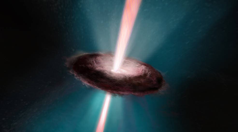 This is an artist's concept of the fireworks that accompany the birth of a star. The young stellar object is encircled by a pancake-shaped disk of dust and gas left over from the collapse of the nebula that formed the star. Gas falls onto the newly forming star and is heated to the point that some of it escapes along the star's spin axis. Intertwined by magnetic fields, the bipolar jets blast into space at over 100,000 miles per hour. As seen from far away, they resemble a double-bladed lightsaber from the Star Wars film series. Credits: NASA, ESA, and A. Feild (STScI)